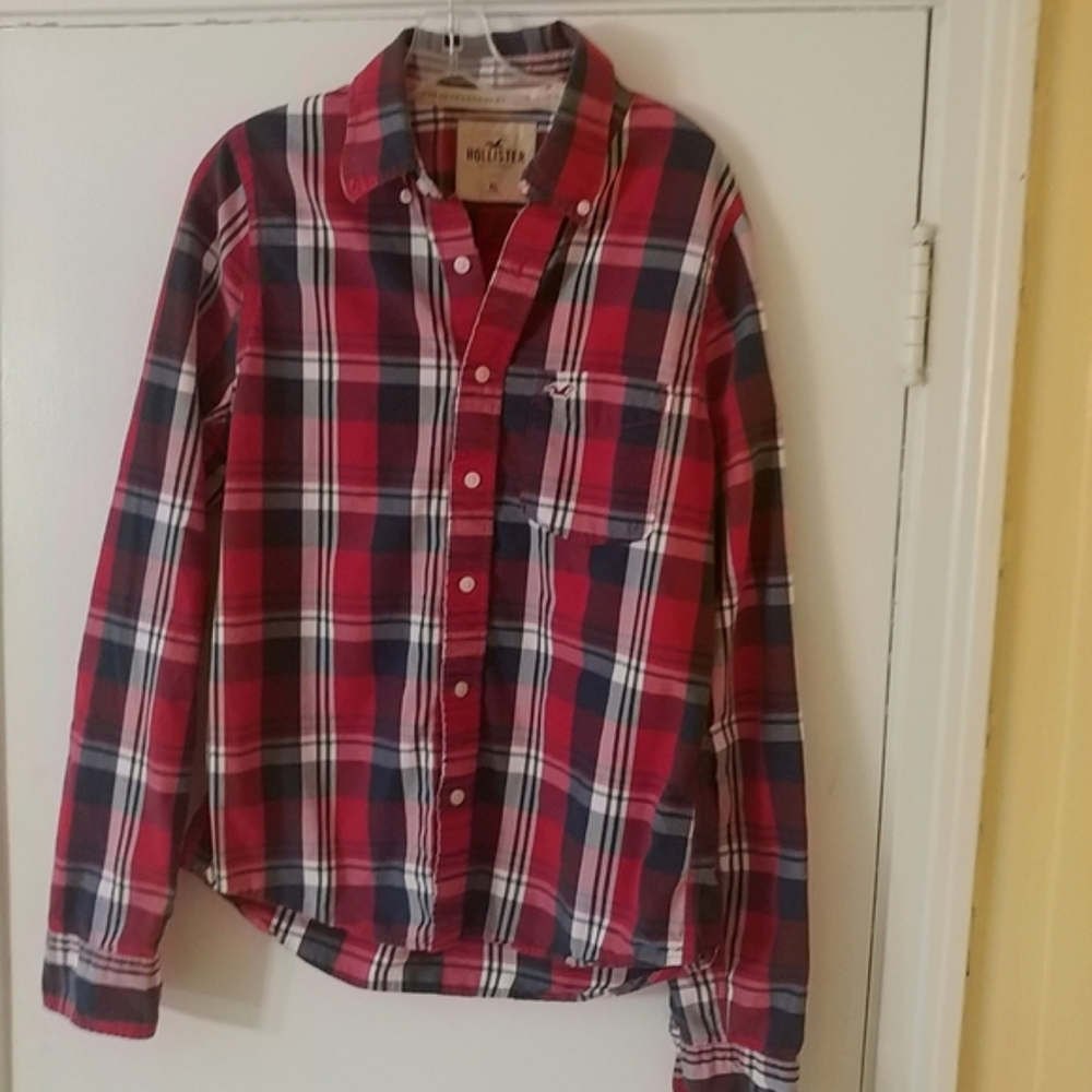 HOLLISTER Young Men's Red, White & Blue Plaid Long Sleeve Shirt XL